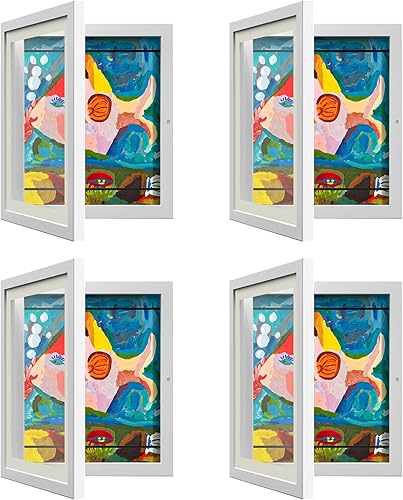 Paquete de 4 marcos de arte para niños, marcos de arte para niños, exhibidores intercambiables de 8 x 10.5 pulgadas con paspartú o de 9 x 12
