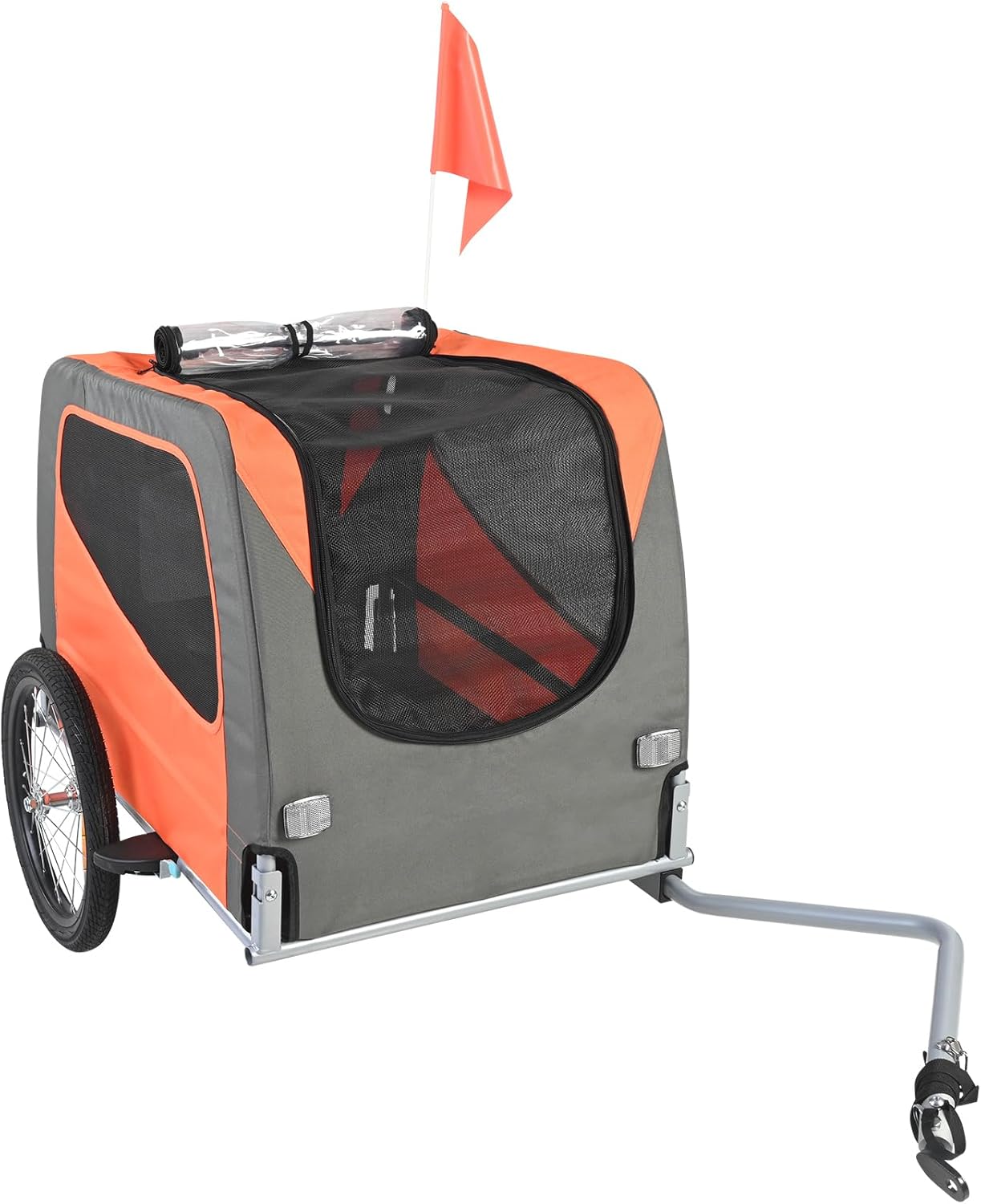 Happybuy Dog Bike Trailer, Supports up to 66 lbs, Pet Cart Bicycle Carrier, Easy Folding Frame with Quick Release Wheels, Universal Bicycle Coupler, Reflectors, Flag, Collapsible to Store, Orange/Gray