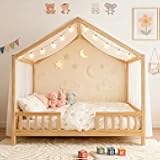 Ball & Cast Full Size Montessori Toddler Floor Bed with Canopy and Roof,Wooden House Beds Frame for Kids,Montessori Floor Bed Frame for Girls Boys,Bedroom,Playroom,No Box Spring Needed,Natural