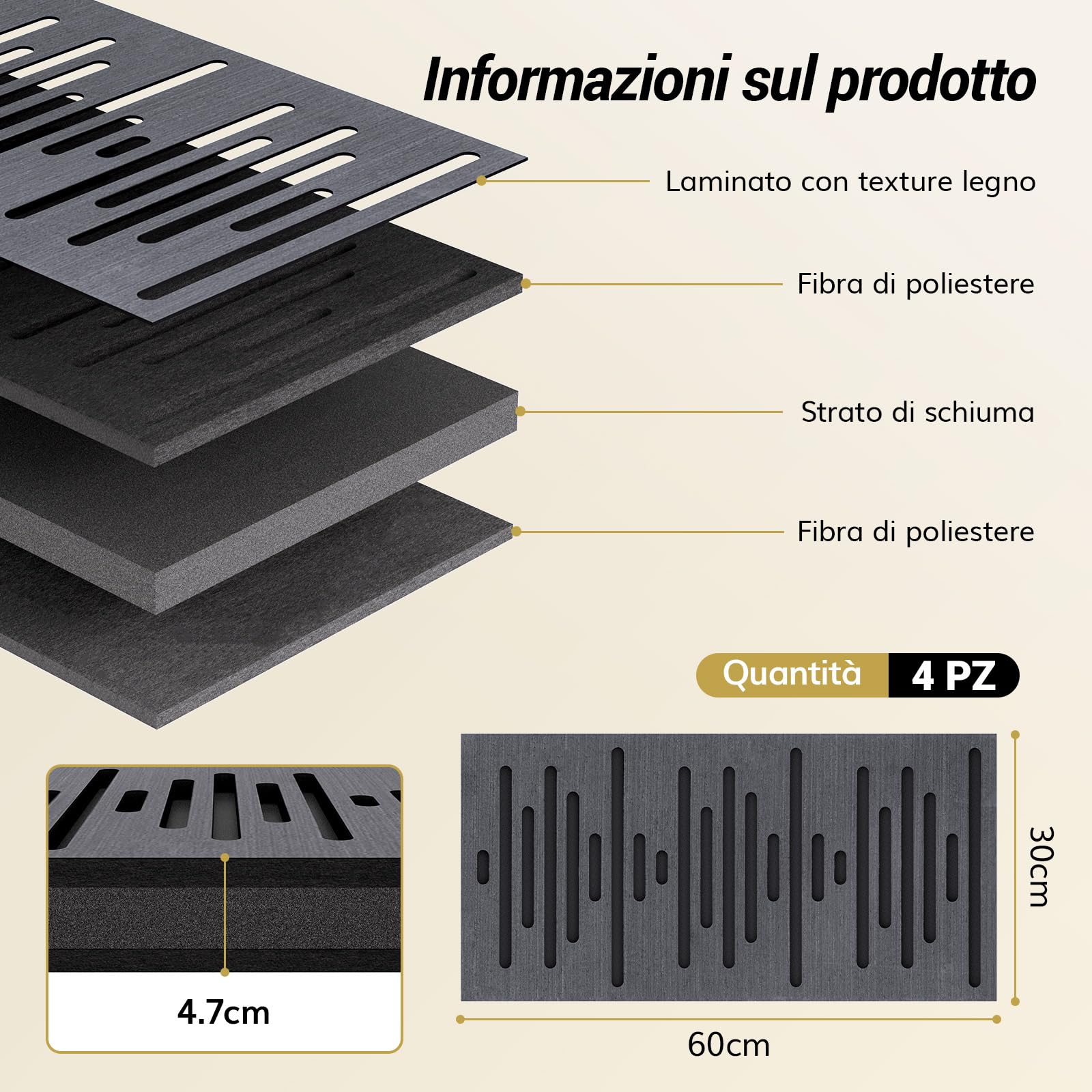 TONOR 4 Pezzi Pannelli Fonoassorbenti Decorativi, Pannelli Acustici per Isolanti InsoNorizzanti Decorativi per Pareti, Studi di Registrazione, Sala Sonferenze, Stanza, 60x30x4,7cm, Nero