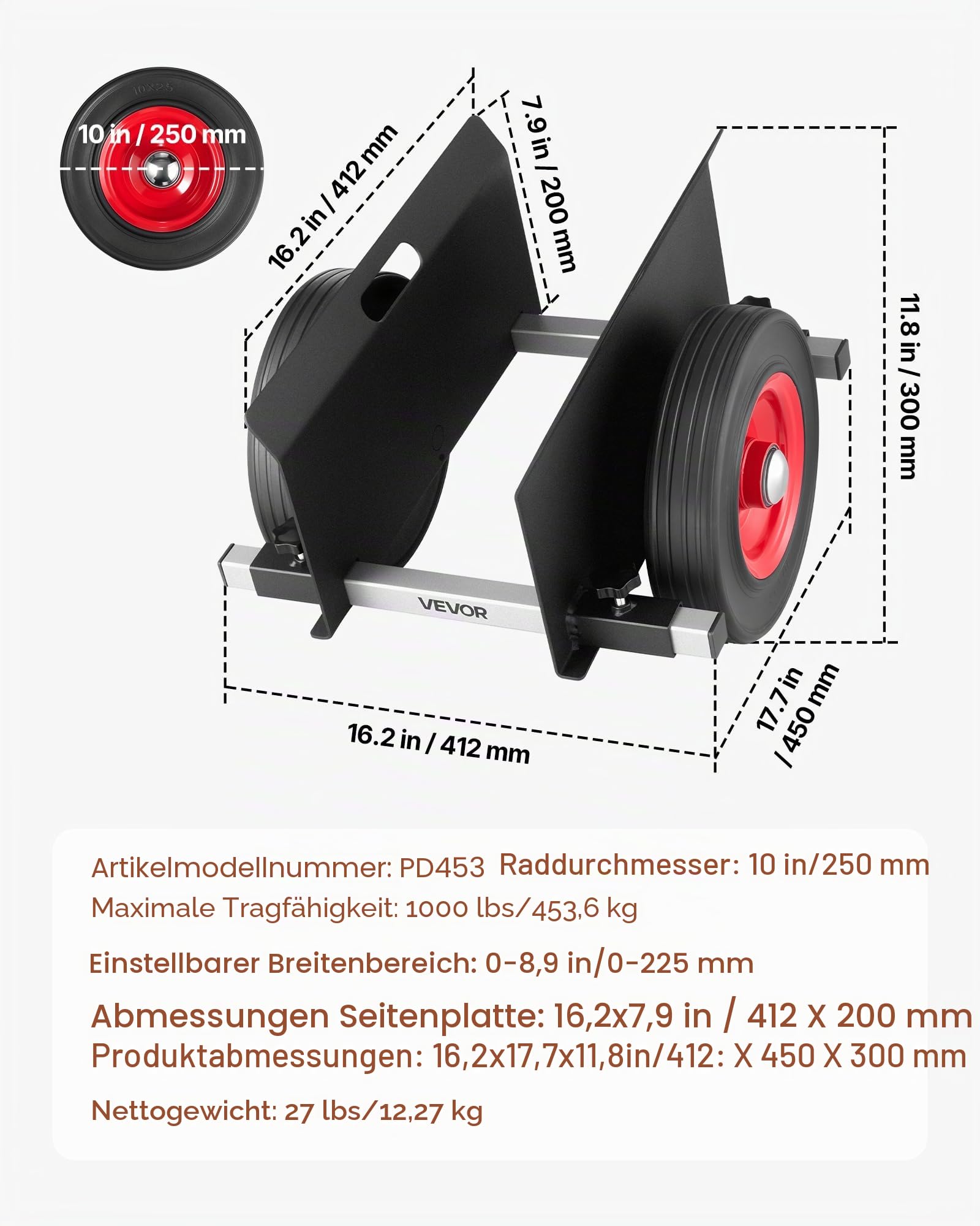 VEVOR Plattenwagen, 453,6 kg, Plattentransporter mit Gummirädern, Plattenroller, Transportwagen, Plattenkarre, Transporthilfe für Stahlplatten, Matratzen, Türen und Trockenbauplatten, Schwarz