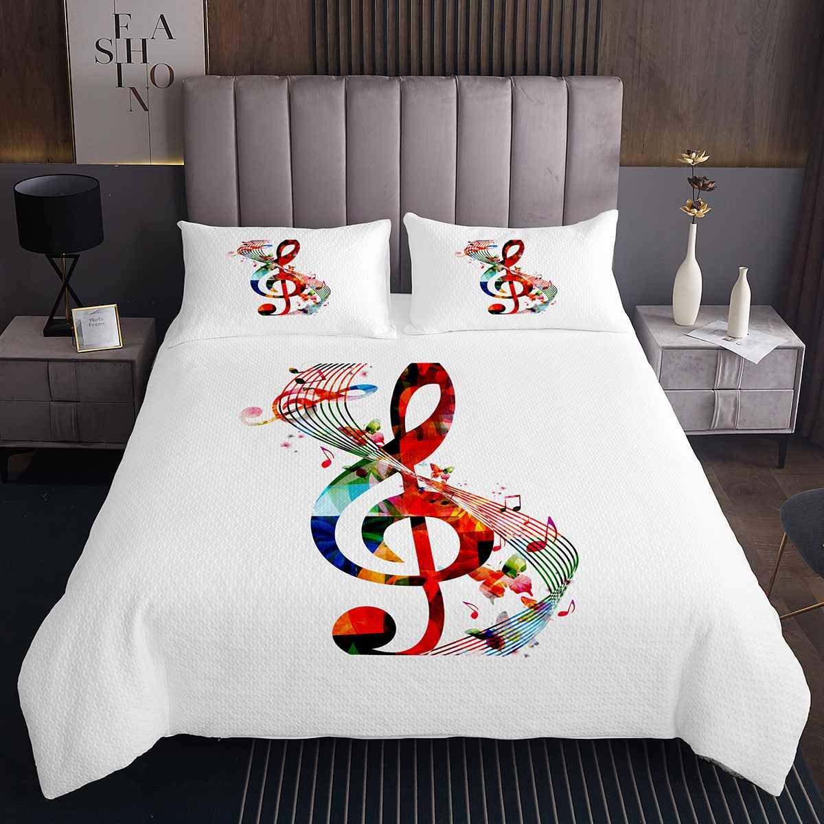 Set di biancheria da letto con motivo musicale colorato con note musicali, 100% cotone, per bambini, adolescenti, adulti, linee geometriche semplici, moderno, con 2 federe, super king size, 3 pezzi