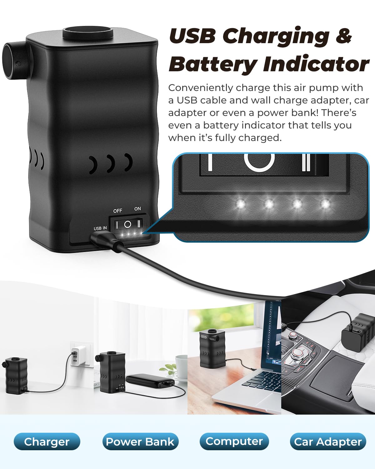 Dr.meter Elektrische Luftpumpe, 6000mAh Wiederaufladbare mini Pumpe mit 3 Luftdüsen Tragbare Luftpumpe Akku für Luftbett Luftmatratze Schwimmring Kleidung Vakuumtasche