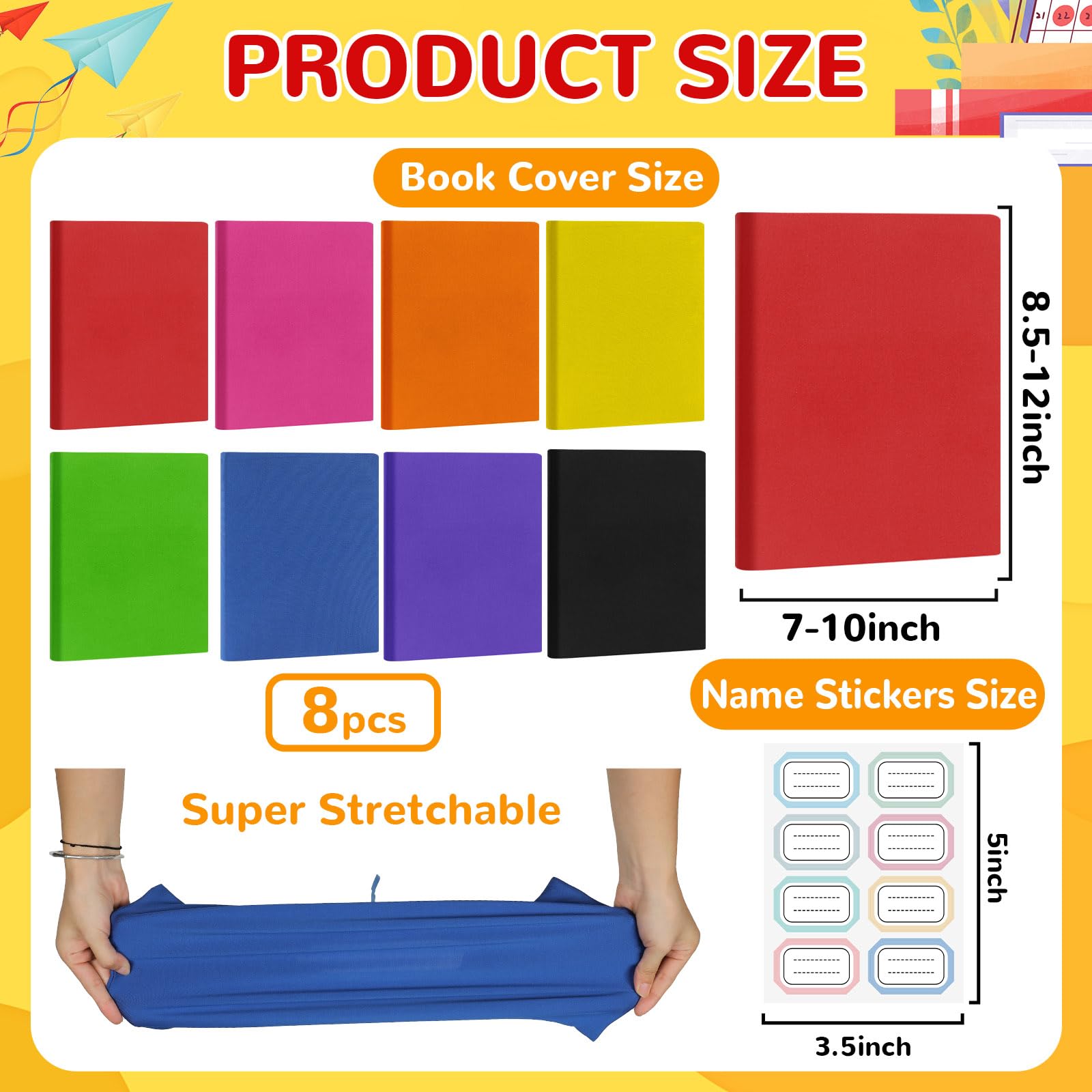 Confezione da 8 copertine protettive per libri, riutilizzabili, in tessuto, 22,9 x 28,9 cm, colorate, elasticizzate, con etichetta adesiva, per la maggior parte dei libri di testo con copertina rigida