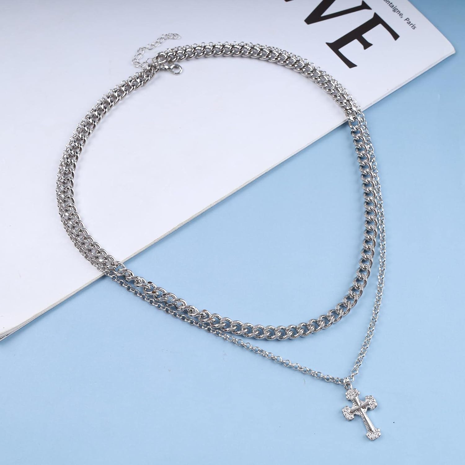 YienDoo Punk Layered Cross Necklace Choker Gothic Chunky Cuban Chain Choker Cross Crucifix Pendant Necklace Silver Tone Religious Cross Pendant Necklace Charm Jewellery for Women - Image 4