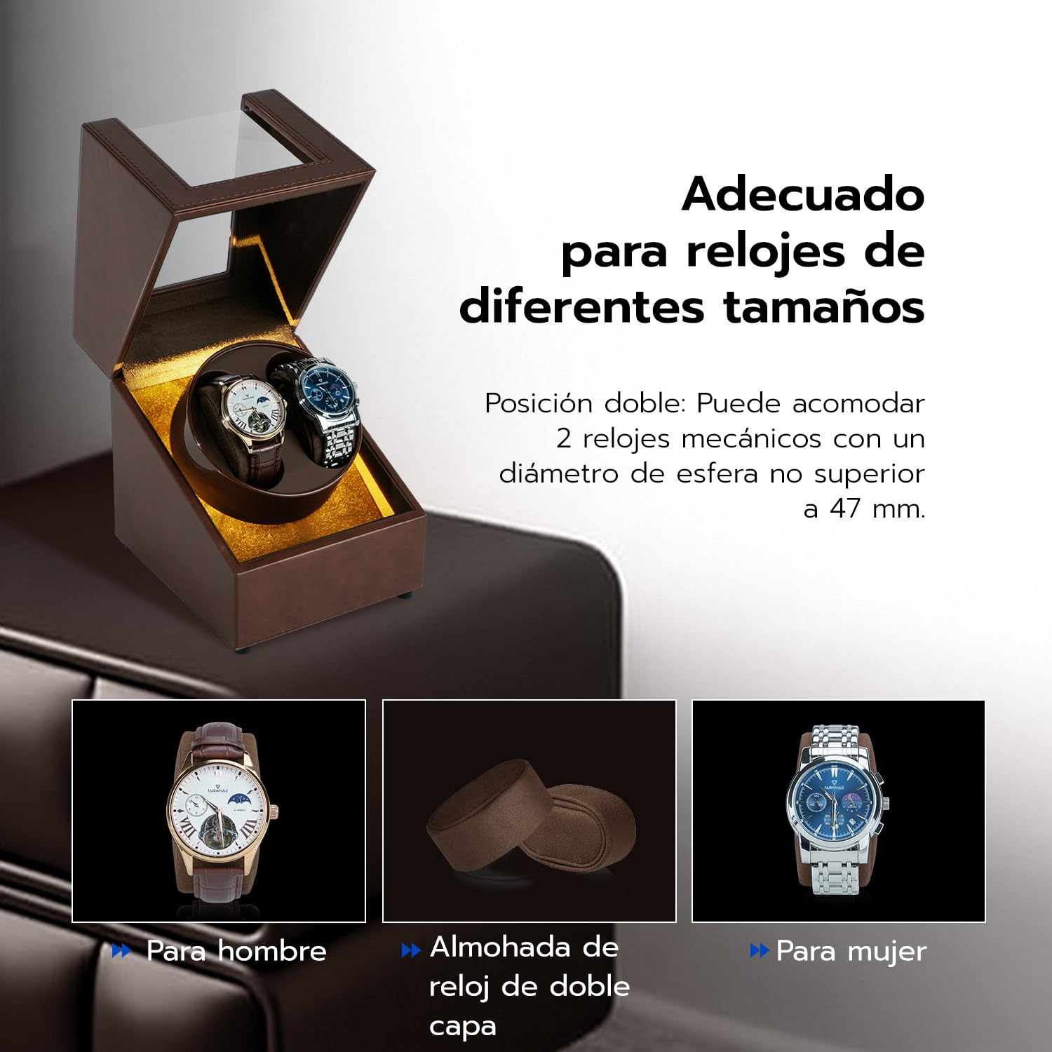 Mcbazel Dual Watch Winder, Cajas Giratorias para Relojes con Luz LED, Estuche para Relojes de Doble Posición, Modos de Rotación Bidireccional, Relojero Automático Almacenamiento – Marrón