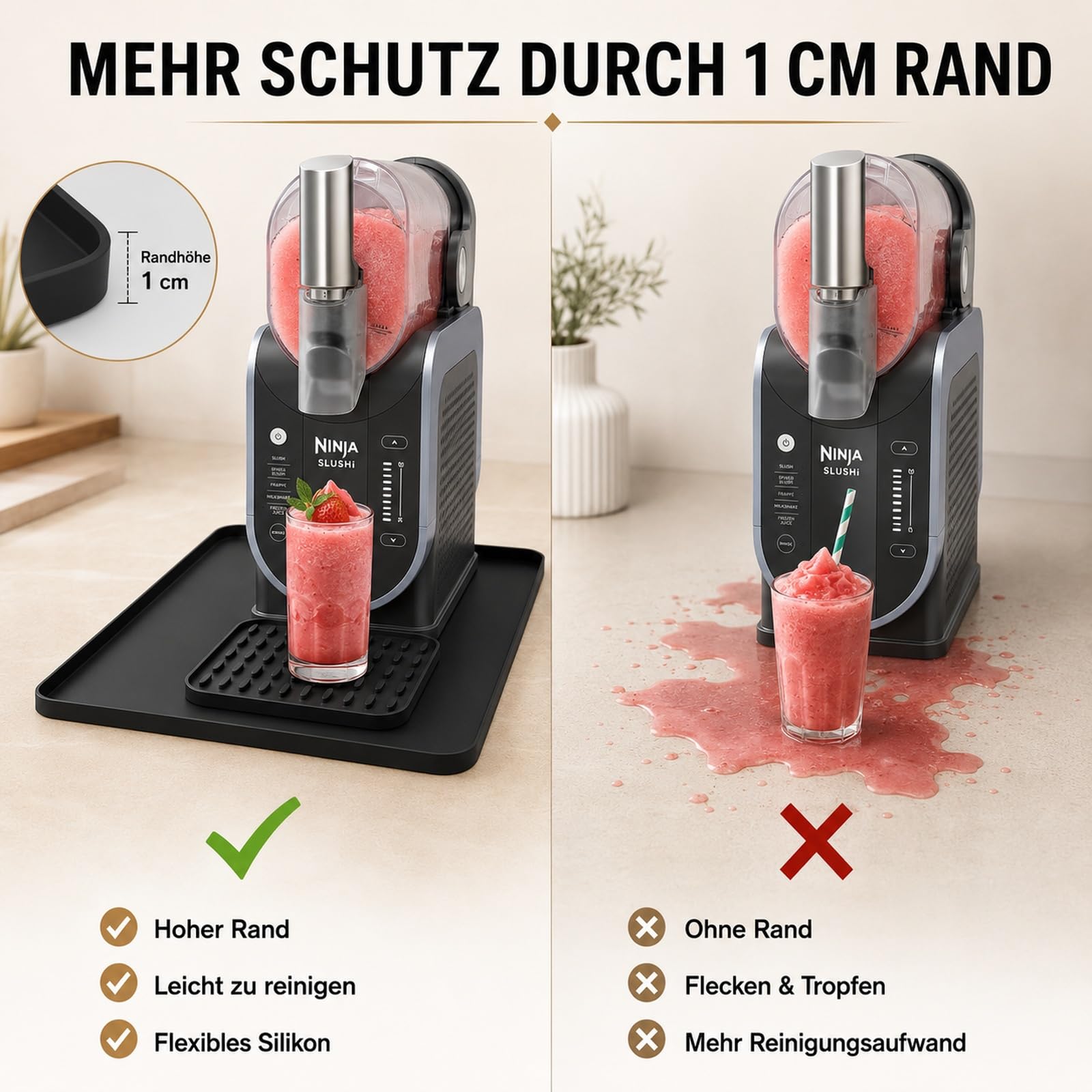 2-in-1 Silikonmatte für Ninja CREAMi & SLUSHi Zubehör, 60 x 40 cm mit Zusatzmatte – Arbeitsplattenmatte Unterlage mit erhöhtem 1 cm Rand, auslaufsicher, rutschfest & spülmaschinenfest