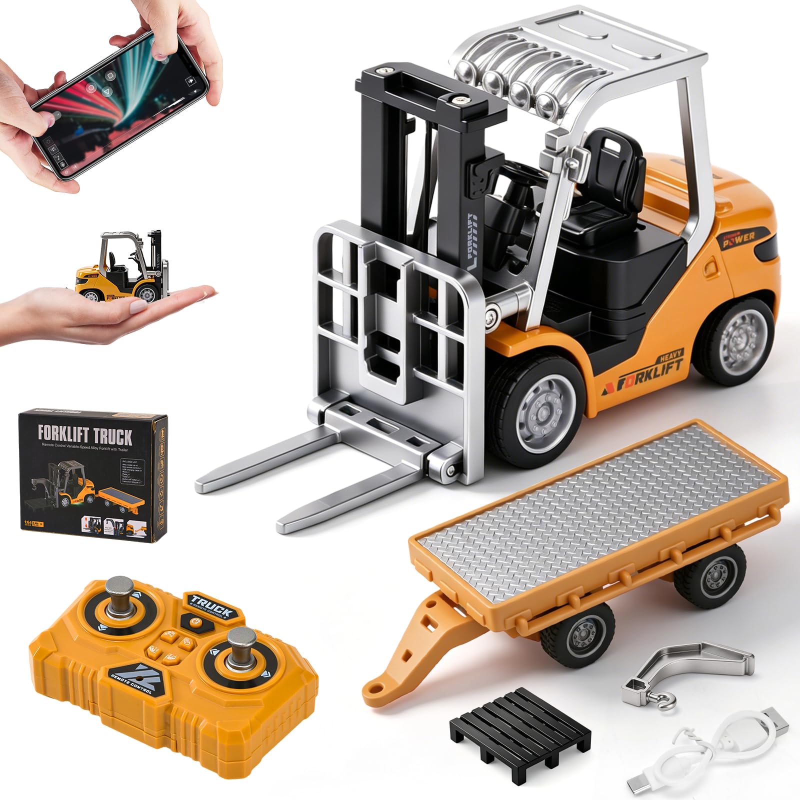 Mini Carretilla Elevadora RC con Remolque, 1:64 Juguete de Carretilla Elevadora Teledirigida con App y Mando 2,4 GHz, 3 Velocidades, Horquillas y Gancho, Vehículo de Construcción RC