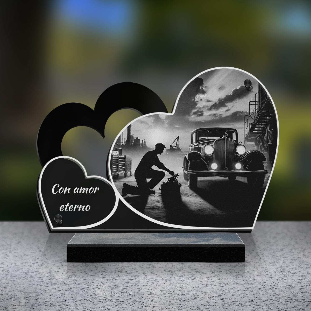 Eternel - Placa Funeraria Personalizada Doble Corazón - Mecánico De Coches, Taller, Automóvil - Texto Personalizable, Placa Funeraria Grabada con Láser para Homenaje, Placa De Cementerio, Funerales