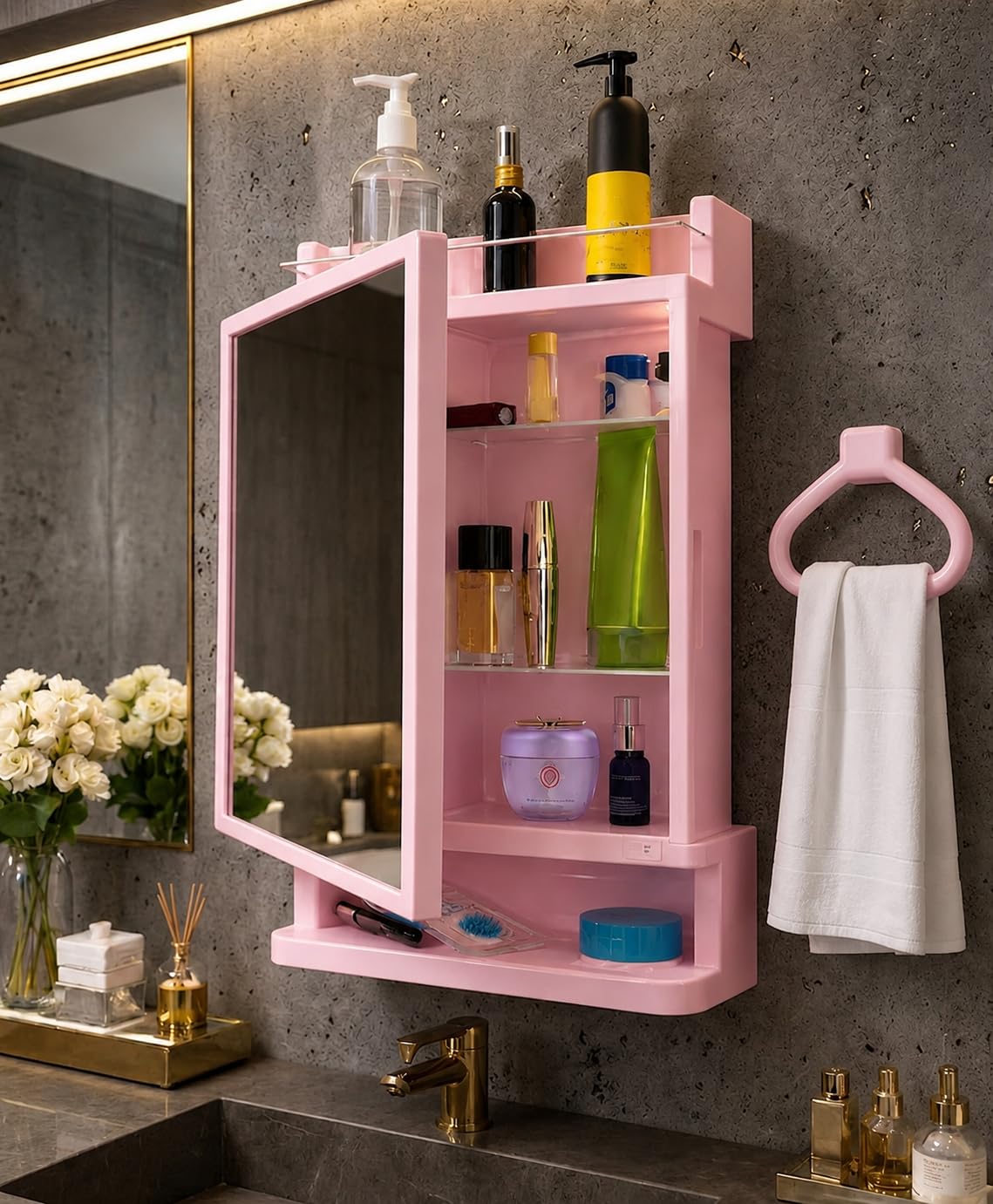 CIPLA PLAST Rich Look Plastic Wall-Mounted Bathroom Mirror Cabinet with Storage Shelves, Single Door, Bathroom Mirror Cabinet with Towel Holder | (Pink)-image-14