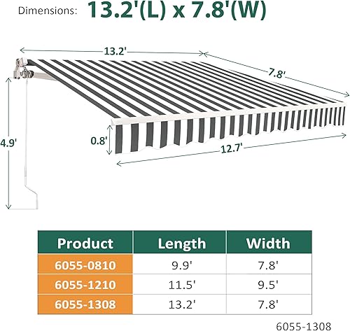 Miniatura 4 de MCombo Toldo retráctil manual de 13 x 8 pies para ventana de patio, toldo para exteriores (gris con rayas blancas)