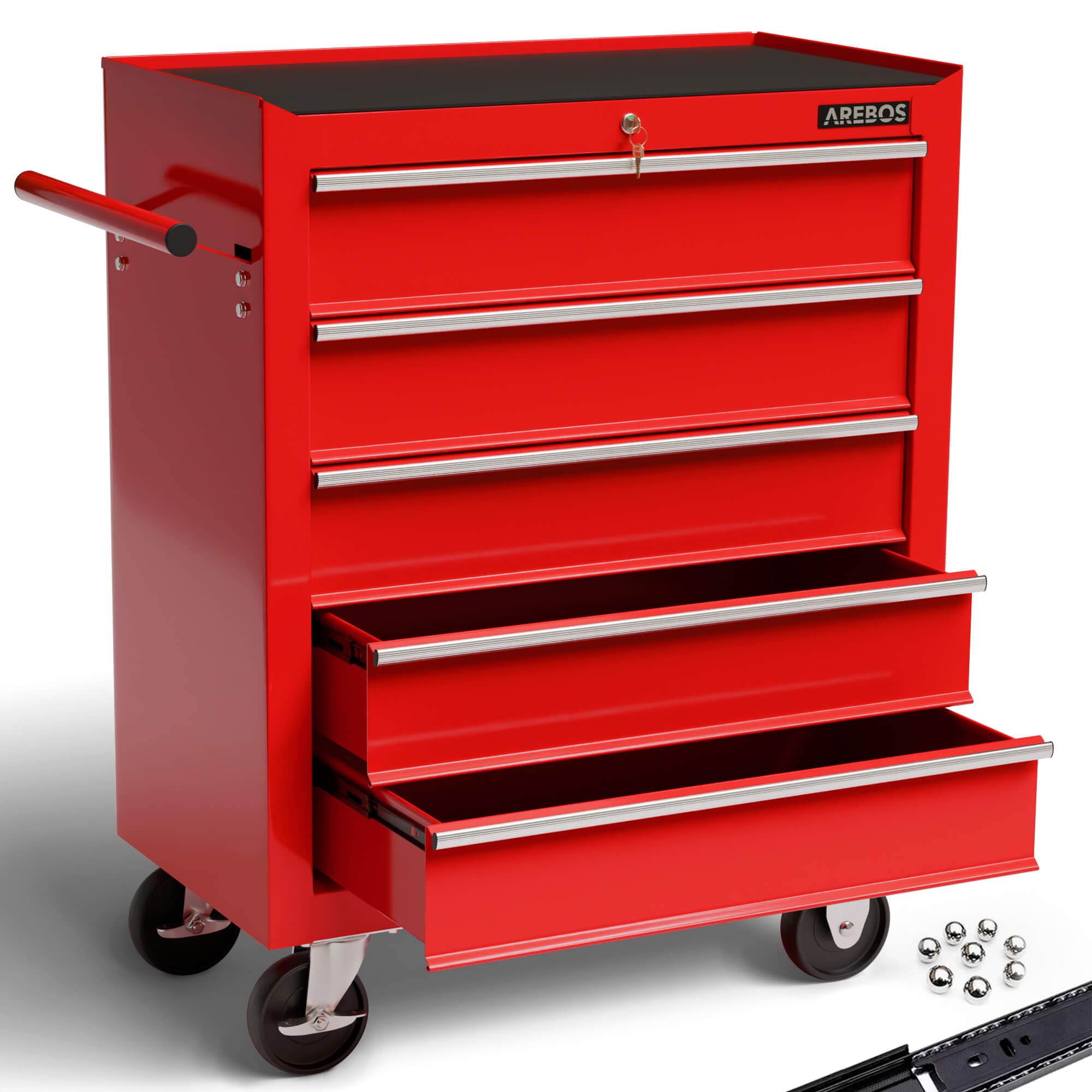 Arebos Workshop trolley 5 compartments | Tool Cabinet on Wheels | with 5 Drawers | Lockable| incl. anti-slip mats | 2 castors with parking brake (red)