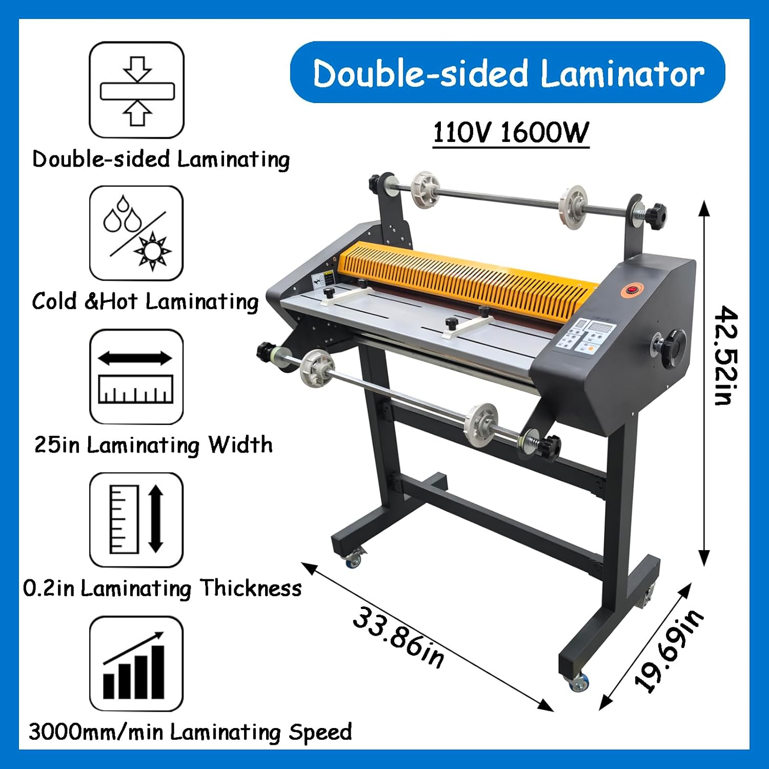 25'' Electric Double-Sided Laminator 110V Cold & Heat Laminating Machine with 0.2'' Laminate Thickness, 3000mm/min, Film Roll Supporting Rod, for Printing/Photo/Poster Cold/Hot Laminating