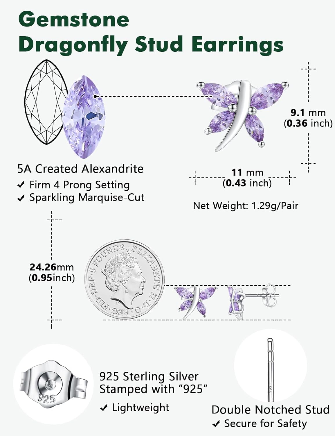 925 Sterling Silver Dragonfly Stud Earrings for Women Trendy Dainty Cute Earrings Ruby/Sapphire/Emerald Gemstone Studs Birthstone Anniversary Jewelry - Image 6