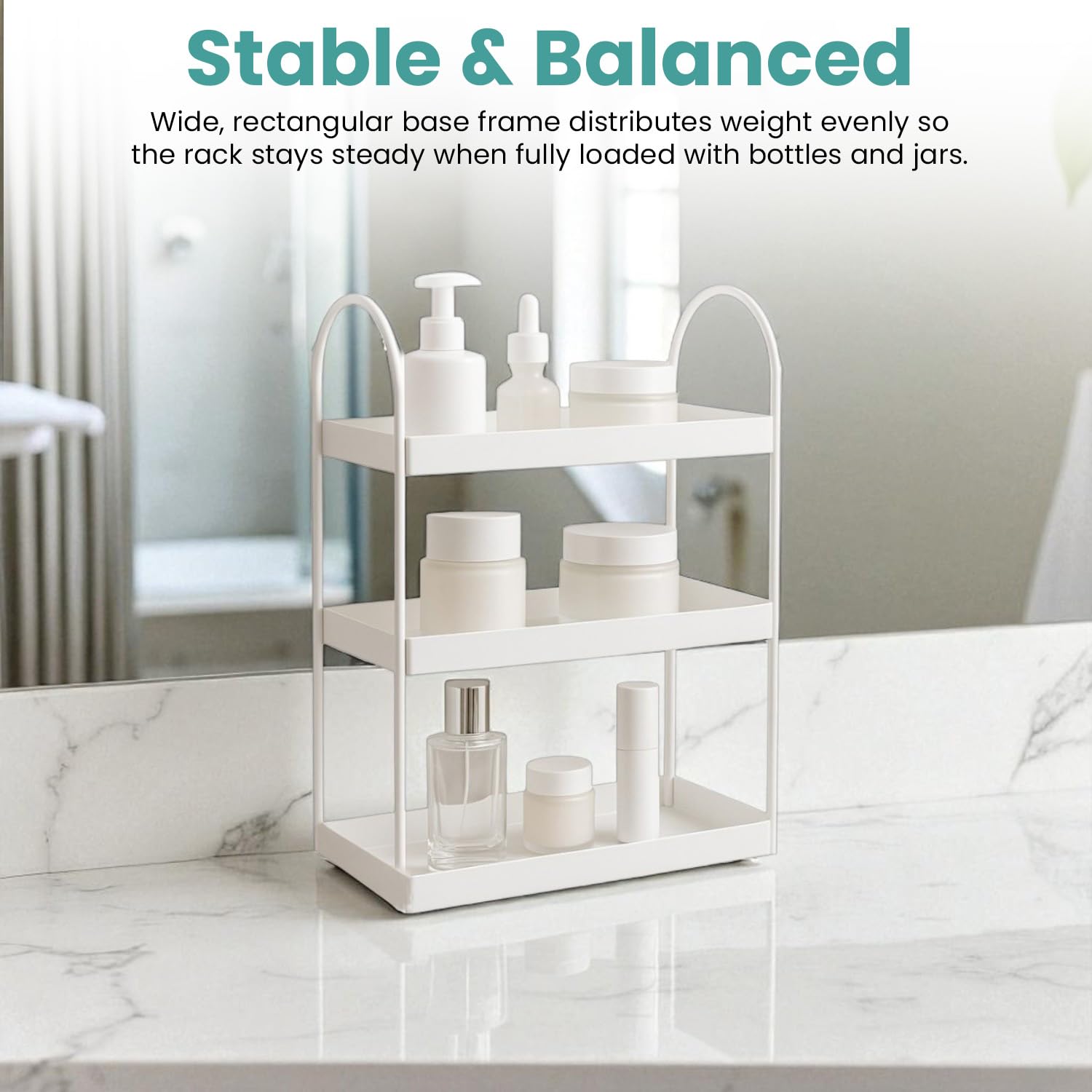 Go Hooked 3 Tier Curved Metal Vanity Organizer – 45cm Tall Countertop Storage Rack for Bathroom, Dressing Table & Desk | Powder Coated Rust-Resist Iron | Freestanding Space-Saving Shelf (White) 2