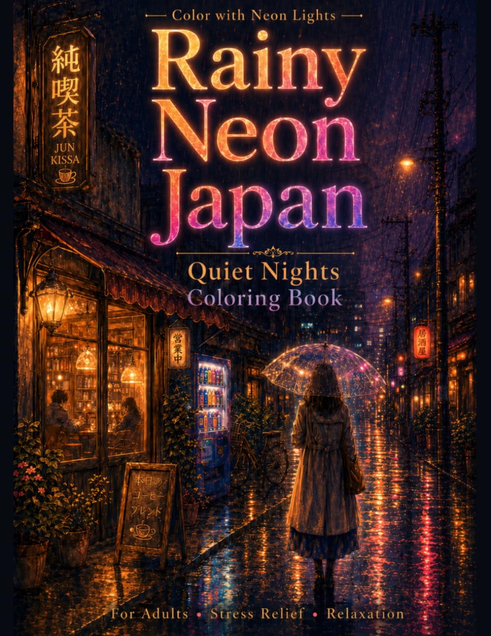 Rainy Neon Japan Quiet Nights Coloring Book for Adults: Cozy Japanese Streets, Glowing Signs, Rainy Cafés, Lantern Alleys & Relaxing Night Scenes