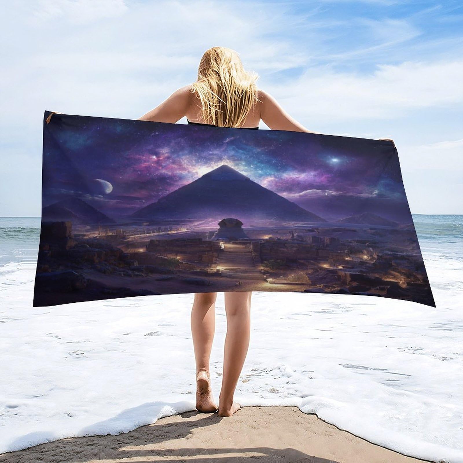 Luyysky Beautiful Retro Pyramid Egypt Absorbent Beach Towel, Modern Realistic Starry Outer Space Planet Egyptian Outdoor Single-Sided Velvet Beach Towel-80 W Cm X 160" L Cm
