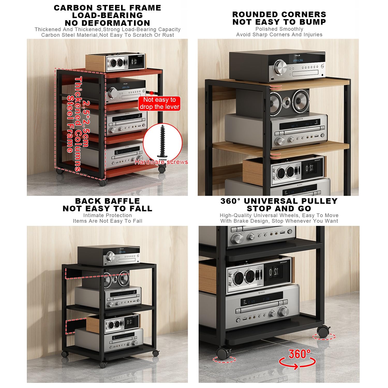 Audio AV Tower Media Stand Mobile Multimediale Audio-Video con Ruote Universali Mobile Stereo HiFi Rack Supporto Rack Audio Mobile per Soggiorno Sala Teatro Sala Giochi.(Black,50x40x48.5cm)
