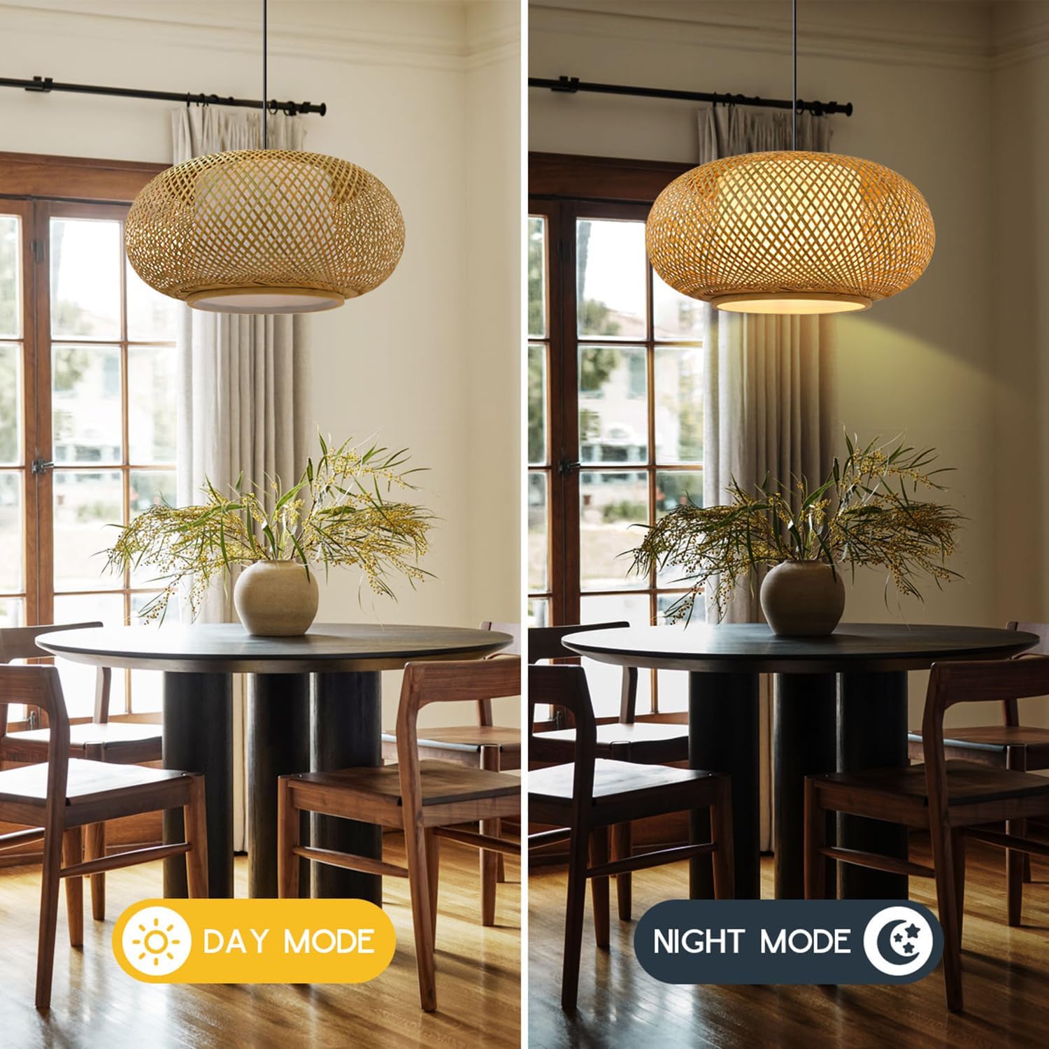 Rustic Rattan Pendant Light Fixture Farmhouse Bamboo Pendant Lighting 1-Lights Wicker Shade Basket Woven Chandelier for Dining Room Kitchen Island Living Room Bedroom