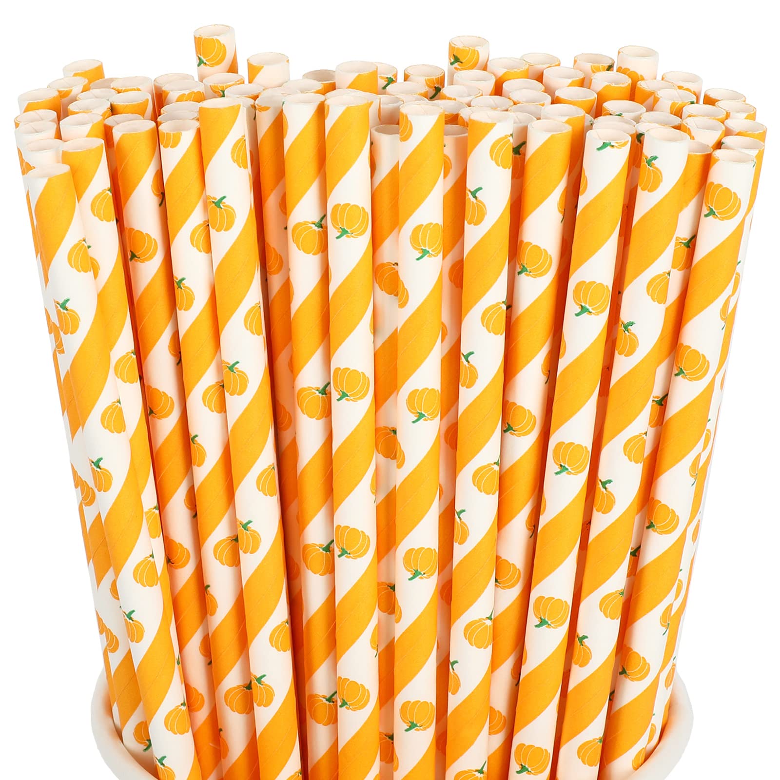 Whaline 200Pcs Thanksgiving Fall Pumpkin Paper Straws Fall Pumpkin Pattern Disposable Straws Fall Harvest Orange White Stripe Drinking Straws for Thanksgiving Autumn Party Dinner Table Decoration