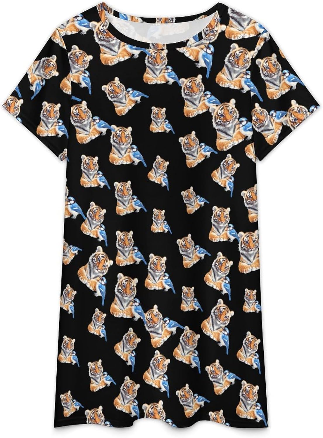 Tiger And Blue Jay Bird Nightgowns for Women Short Sleeve Sleep Dress Casual Sleepshirt Night Gowns Pajamas