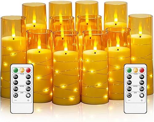 Miniatura 11 de Velas sin llama, con cadena de estrellas incorporada, velas operadas por baterías, velas LED parpadeantes, velas de pilar con control remoto y