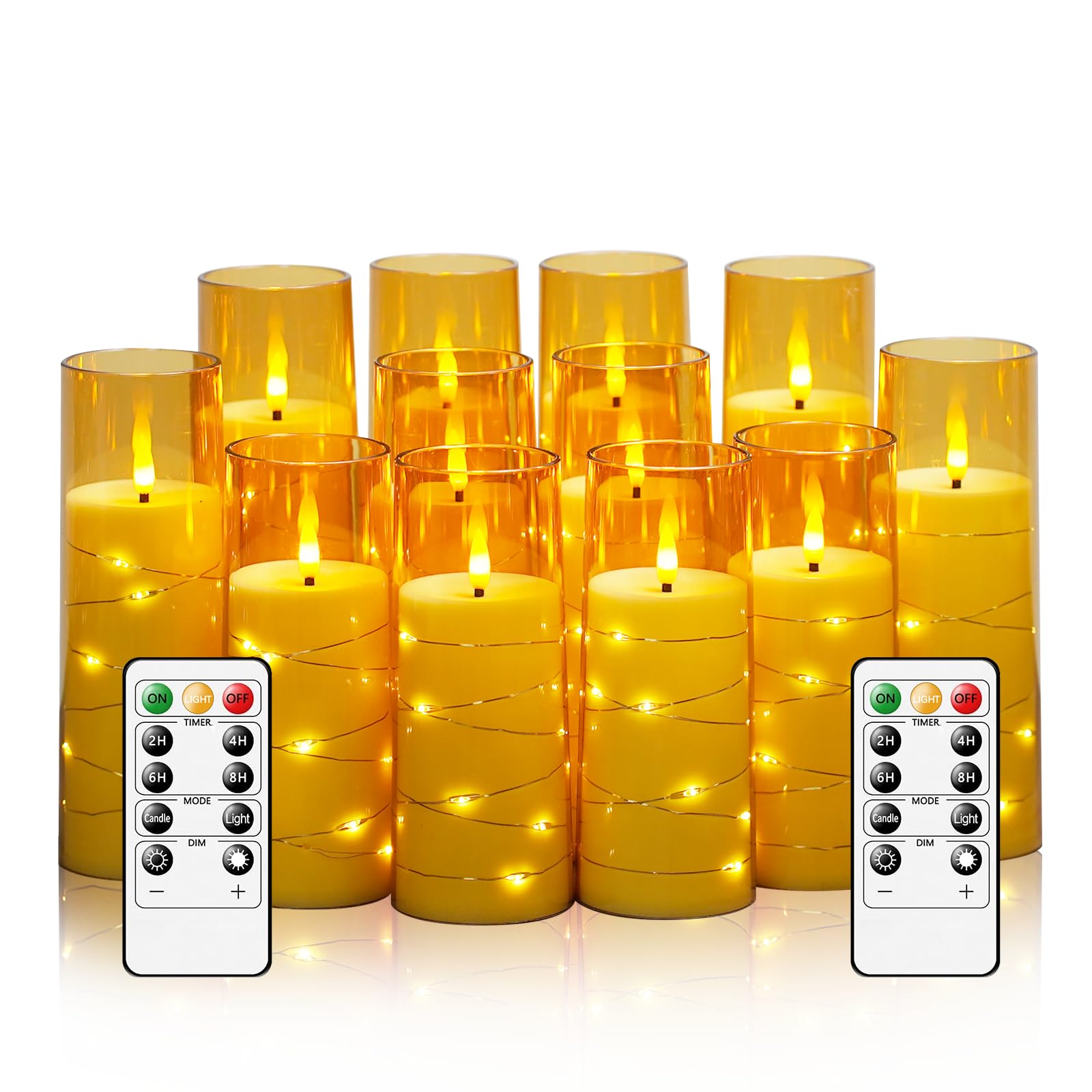 Sasigeiaa Flameless Candles with Embedded Star String - Battery Operated LED Candles, with Remote,12 Gold Flickering Candles for Christmas, Weddings, Home Decor &amp; Party,(D 2.3"×H 5" 6" 7")