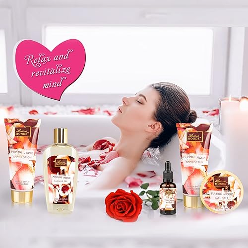 Miniatura 6 de Juego de regalo para baño y cuerpo para mujeres y hombres, 10 cestas de regalo de spa con aroma a rosa fresca, incluye gel de ducha, baño de