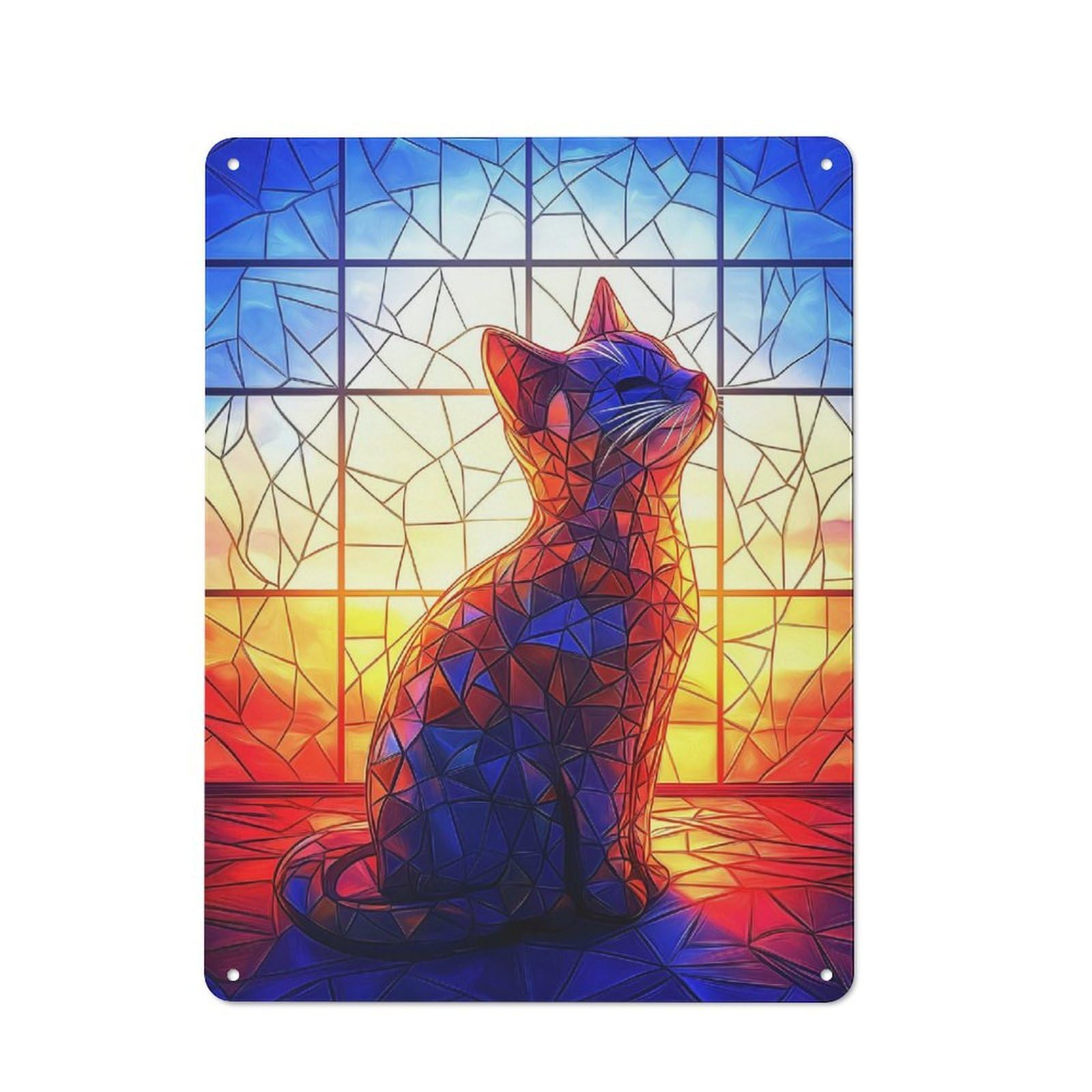 Junmoney Stained Glass Cat Retro Metal Wall Sign 40X30cm With For Living Room Wall, Housewarming Wall Decor For People Furnishing Living Room