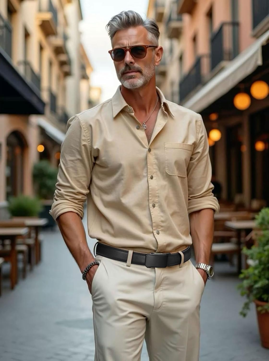 LionVII Men's Ratchet Belt - Genuine Leather Belt for Casual with Automatic Buckle, Adjustable Trim to Fit 28-50" (W 1 3/8") - Image 2