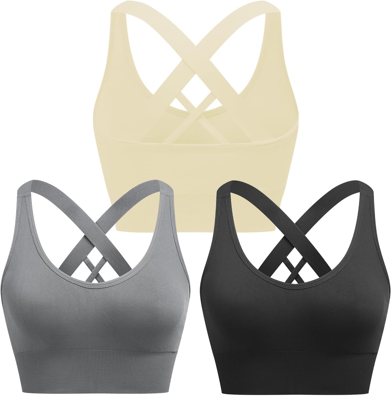 ANGOOLSeamless Removable Padded Sports Bra, Cross Back Yoga Fitness Workout Bra,Black+Gray+Beige,XL