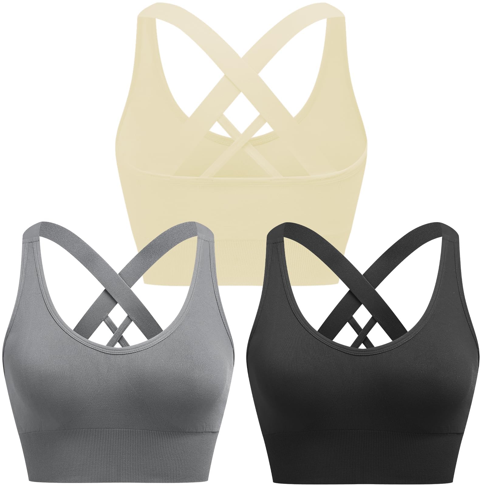 ANGOOLSeamless Removable Padded Sports Bra, Cross Back Yoga Fitness Workout Bra,Black+Gray+Beige,XL