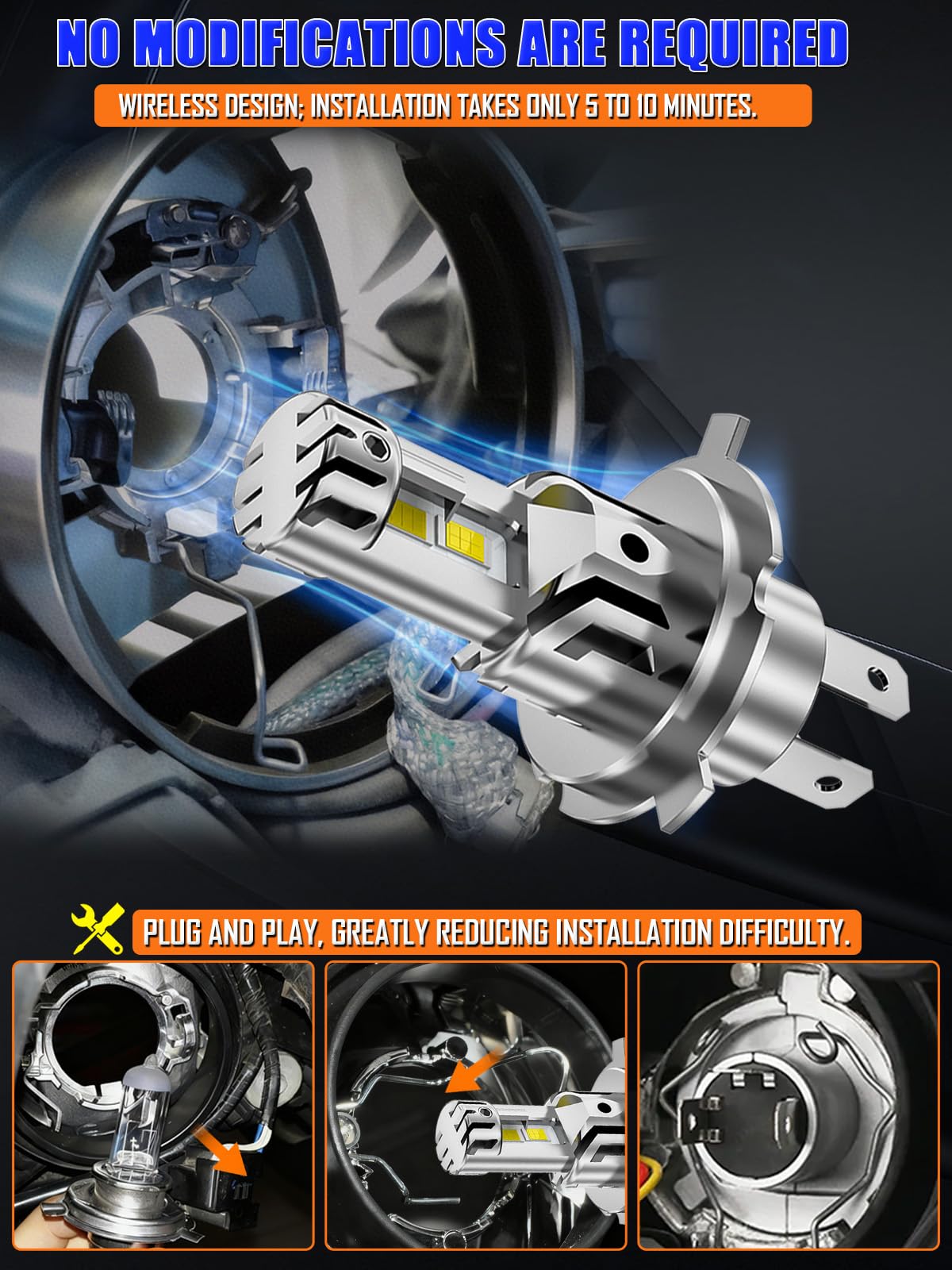 Bombillas LED H4 XELORD 12000LM 6500K,60W Blancas Frías, Faros Delanteros para Coche y Moto, Plug & Play,Larga Duración,2 Unidades