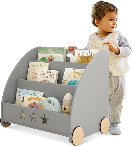 Miniatura 7 de Curipeer Estantería de almacenamiento para niños con ruedas organizador de madera grande para guardería estantería para niños estante de 3 niveles