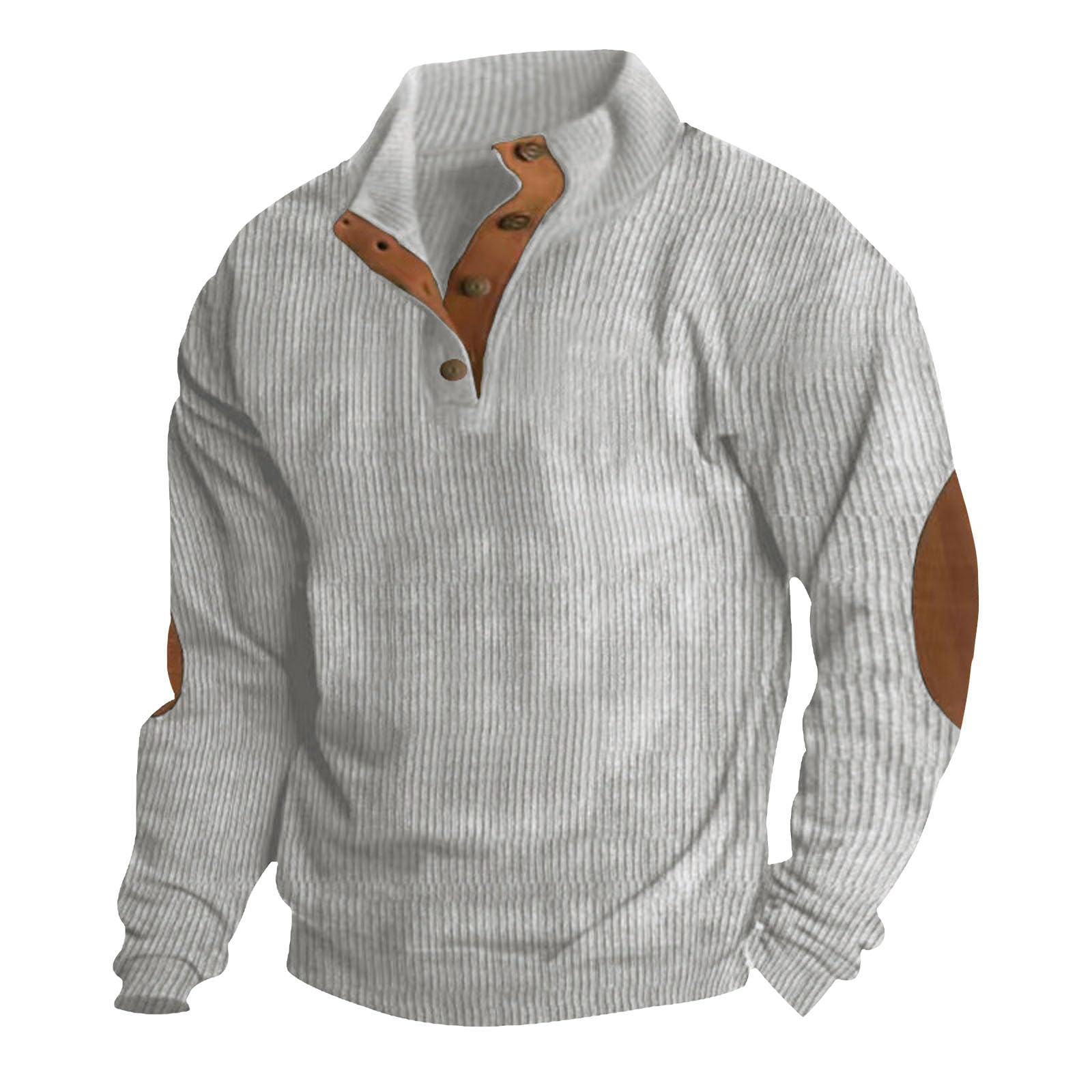 Mens Casual Corduroy Sweatshirt Long Sleeve Elbow Patches Pullover Fashion Stand Collar Quarter Button Sweatshirts