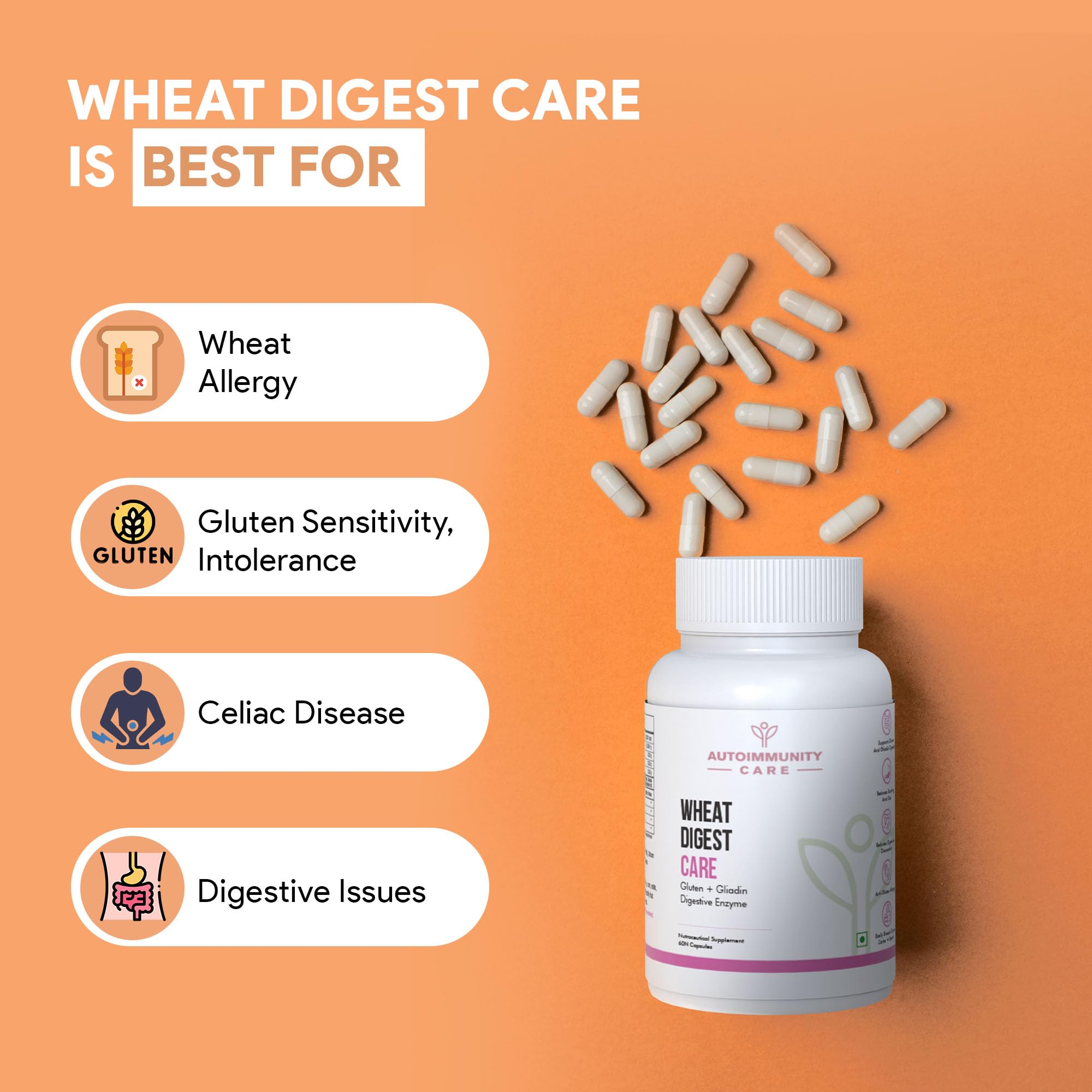 Autoimmunity Care Wheat Digest Care |Wheat Gluten Digestive Enzyme Supplement for Wheat & Gluten |Helps Digest Wheat, Maida & Grains |Digestive Enzymes for Bloating, Gas & Gut Health | 60 Caps & Doses 2