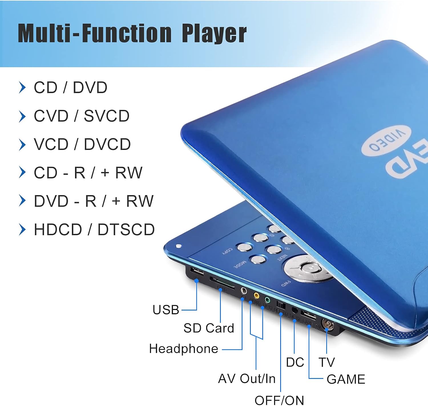 Black Friday Clearance 16.9 Portable DVD Player with 14.1 Large Swivel Screen, Car DVD Player Portable with 6 Hrs Rechargeable Battery, Mobile DVD Player for Kids, Sync TV, Support USB SD Card with Car Charger (Blue)