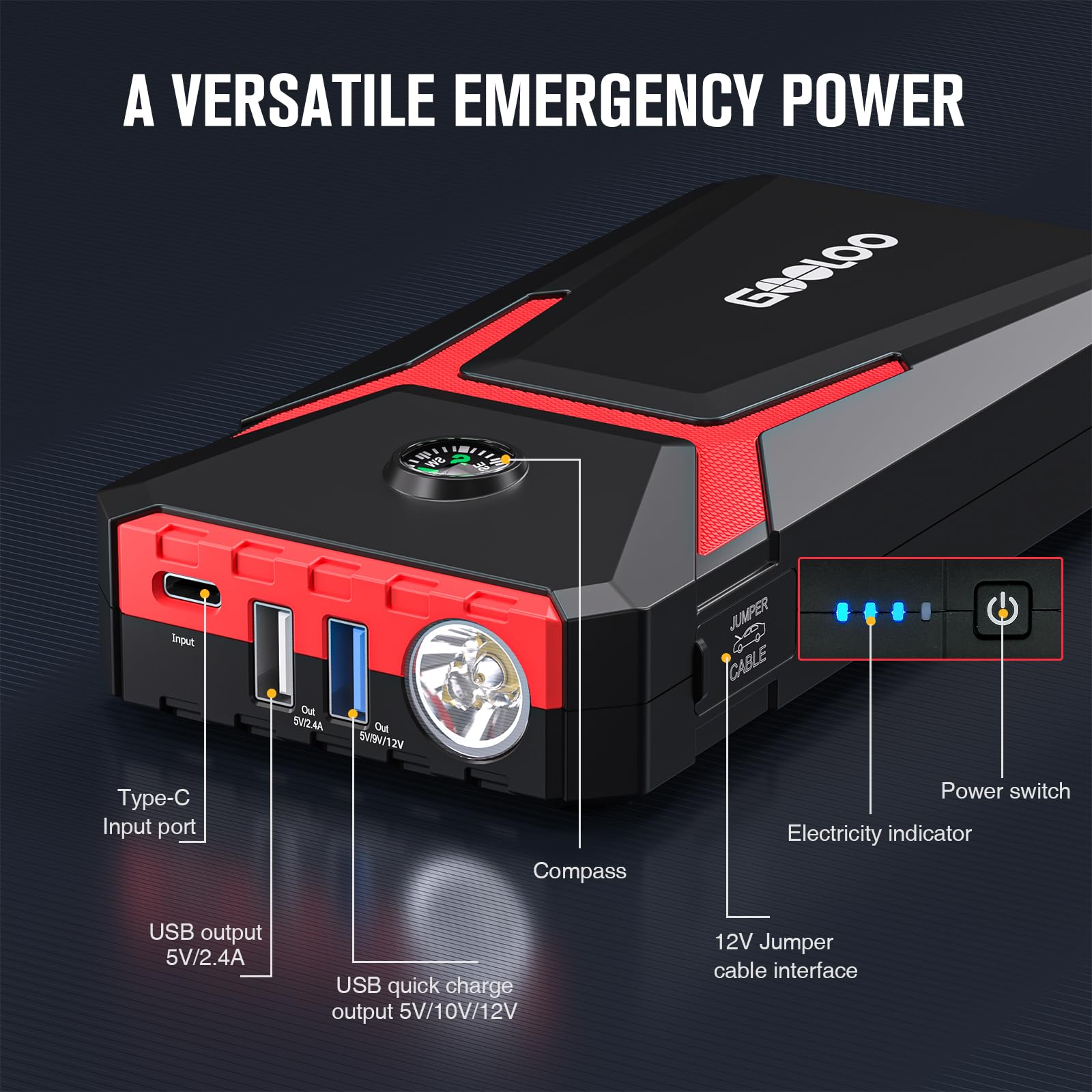 GOOLOO GE2000 Avviatore Batteria Auto, Supersafe 2000A 12V Booster Avviamento Auto Portatile Avviatore Emergenza per Auto/Moto Adatto per 6L Benzina e 4L Diesel