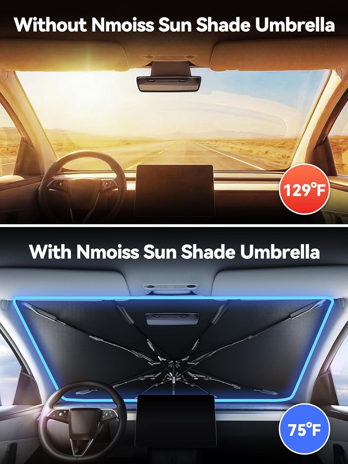 Windshield Sun Shade Umbrella for Tesla Model Y & Model 3 - [Vinyl Coating Heat Shield] Protect Car from Sun Rays & Heat Damage Keep Cool and Protect Interior, Spring Structure Edge