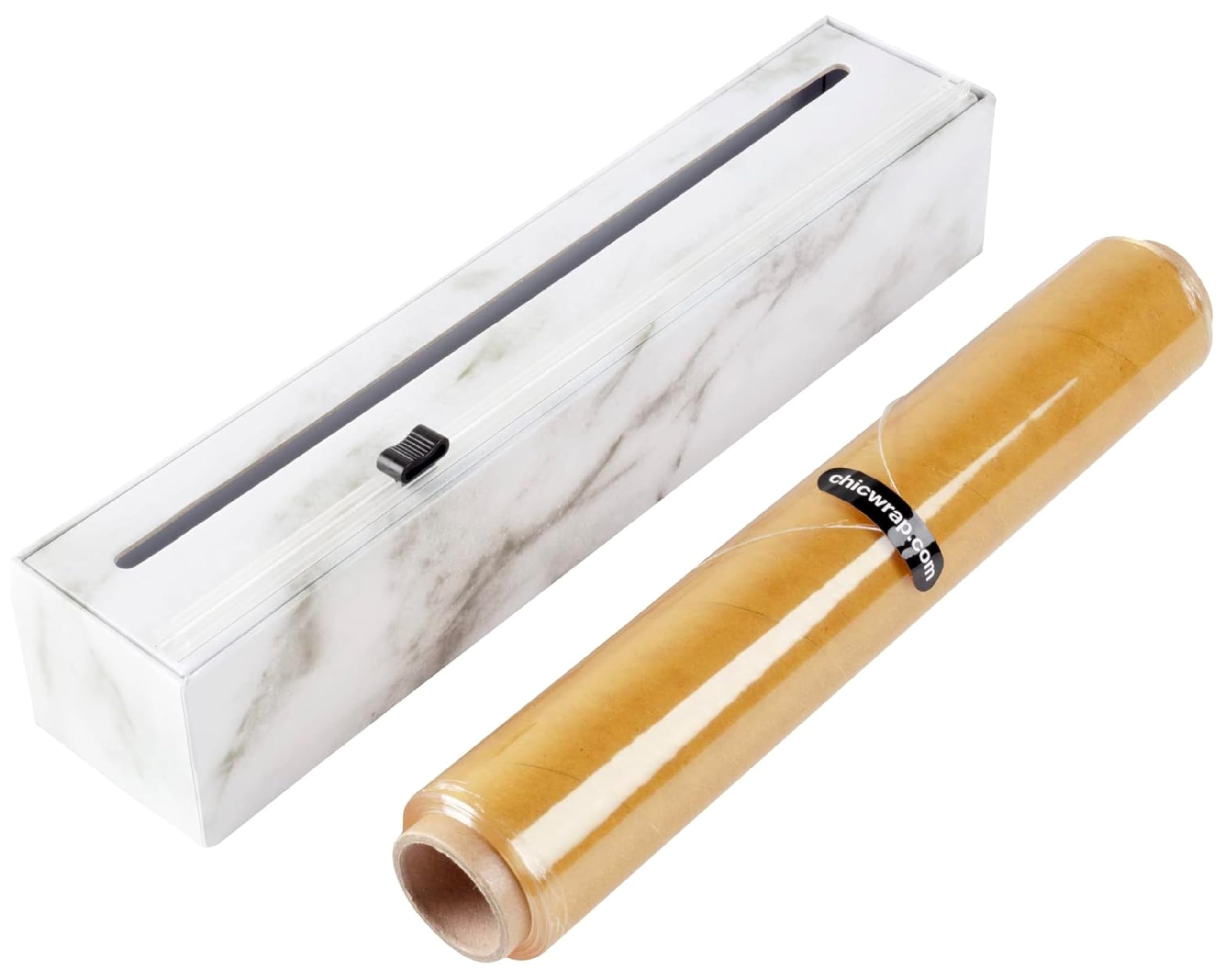 ChicWrap Marble Refillable Plastic Wrap Dispenser/Slide Cutter and 80m of Professional BPA Free Plastic Wrap - Reusable with Slide Cutter Technology