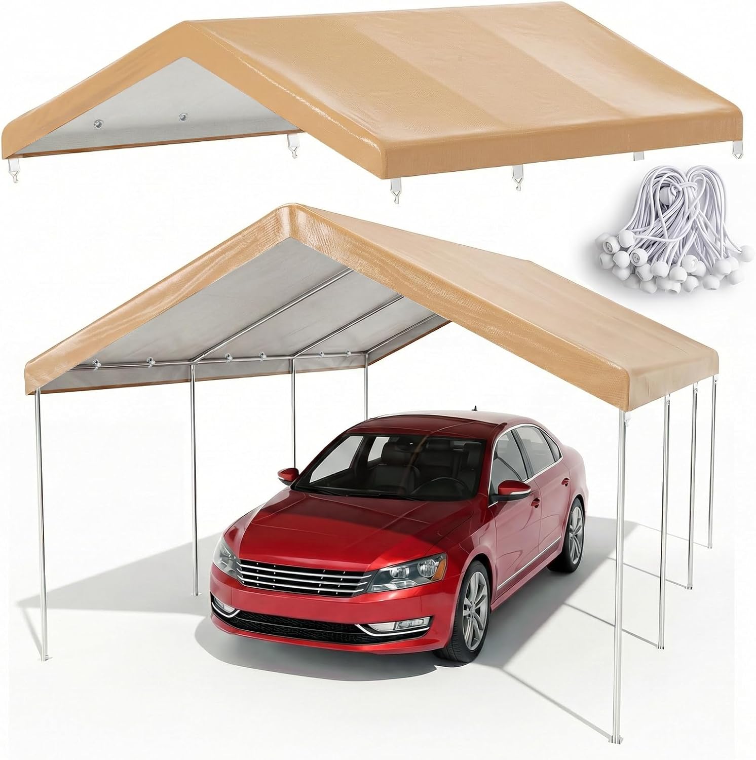 10x20 FT Carport Canopy Replacement Cover, Heavy Duty Car Garage Top Tent Shelter Tarp, Waterproof & UV Protected, Easy Installation with Ball Bungees, Beige (Frame Not Included)