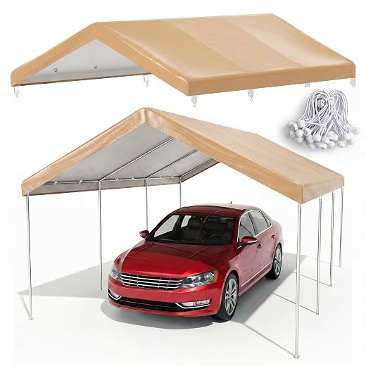 10x20 FT Carport Canopy Replacement Cover, Heavy Duty Car Garage Top Tent Shelter Tarp, Waterproof & UV Protected, Easy Installation with Ball Bungees, Beige (Frame Not Included)