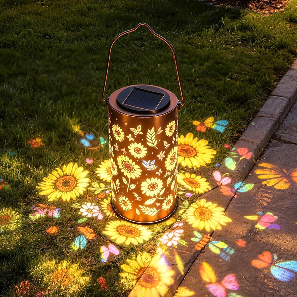 Wxeadu Black Colorful Sunflower Glow Solar Garden Lantern, Waterproof Colorful Sunflower Solar Lanterns With Colorful Projection, Hanging Garden Lanterns Decorative Outdoor For Yard, Patio, Porch, Garden
