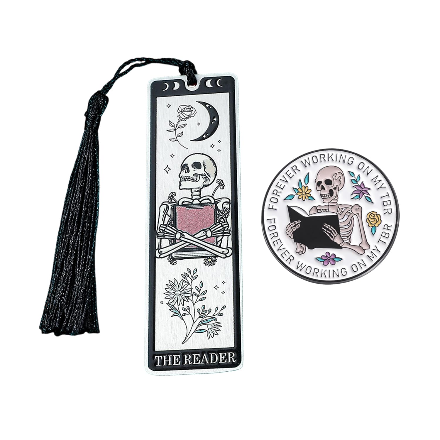 1 Metal Skull Bookmark And 1 Brooch, Personalized Creative Bookmark, Reading Marks, Student Stationery, Retro Punk Style Ornaments.