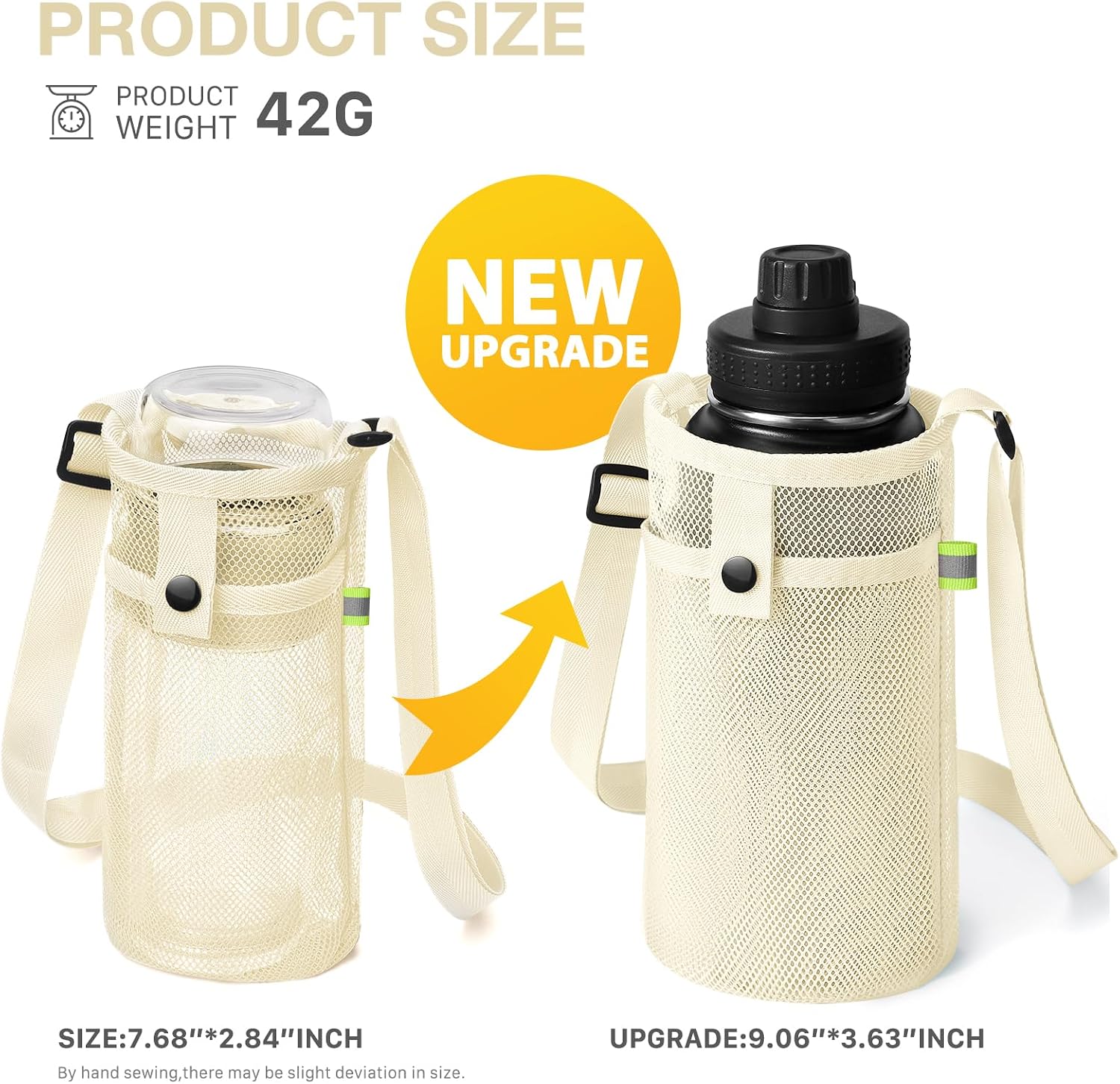 Large Water Bottle Bag with Strap, Big Mesh Water Bottle Holder Crossbody Water Sling Bag Shoulder Strap and Pocket - Lightweight Water Bottle Carrier for Walking Sports Hiking Camping (Beige) image 4