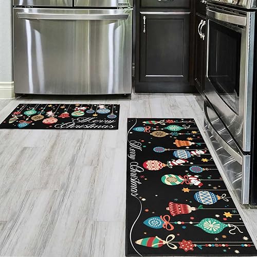 Miniatura 5 de Alfombras y tapetes de cocina de Navidad, alfombras y tapetes negros de Navidad de Papá Noel, antideslizantes, lavables, tapetes navideños de bajo