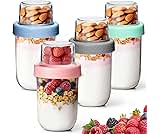 KTMAMA 4 Pack 16 OZ Overnight Oats Containers with Lids, Dual-Layer Glass Meal Prep with Dry and Wet Separation, Airtight Food Jars for Oatmeal Yogurt Parfait Cups Cereal Nut Fruit (Mixed color 1)