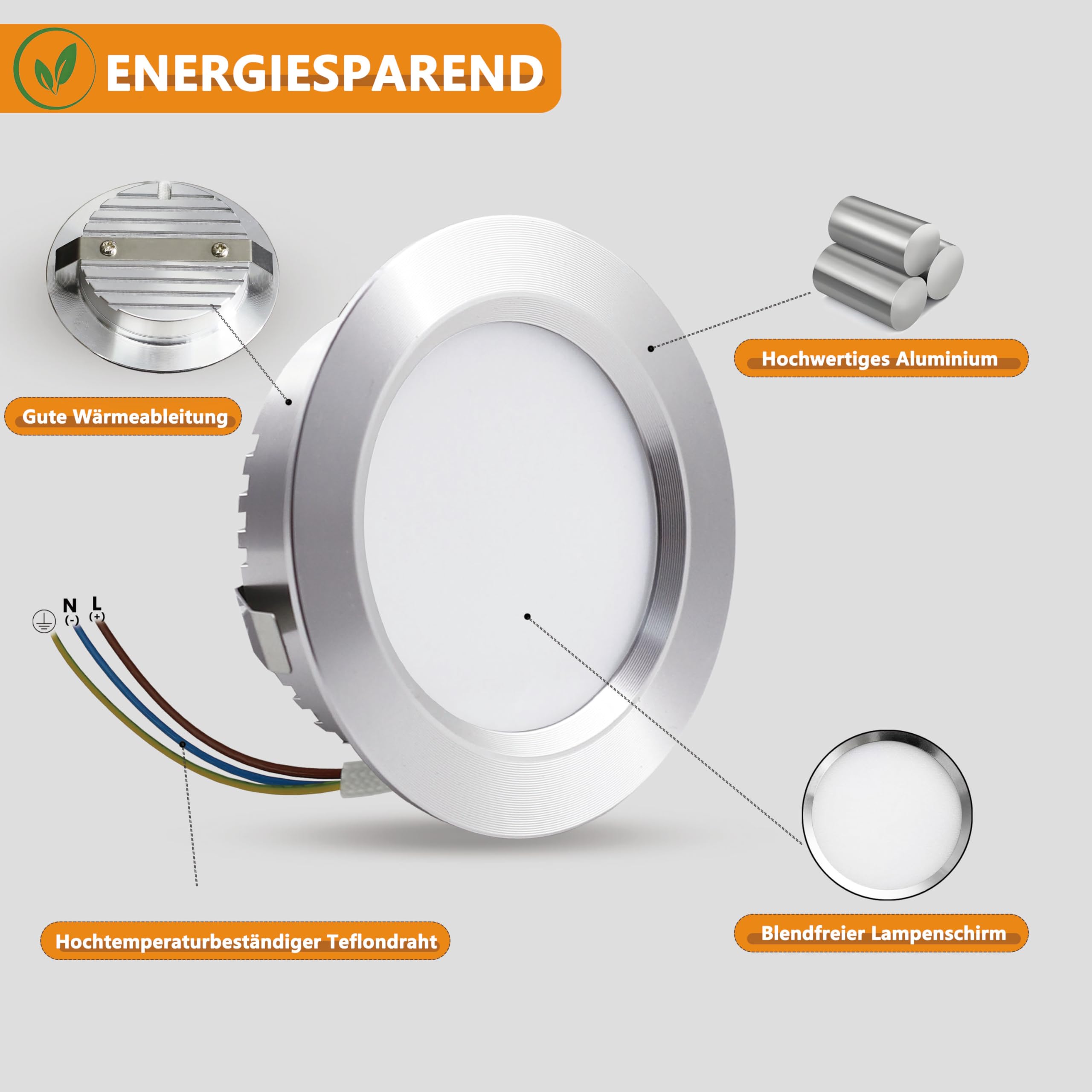 LED Einbaustrahler 230V 5W,LED Spots IP44 Bad Einbauleuchten Deckenspots 68-75mm Lochmaß und 20mm Ultra Flach,Warmweiß Neutralweiß Kaltweiß Einbauspots für Badezimmer Küche,6er Set(Silber, 6er Set)