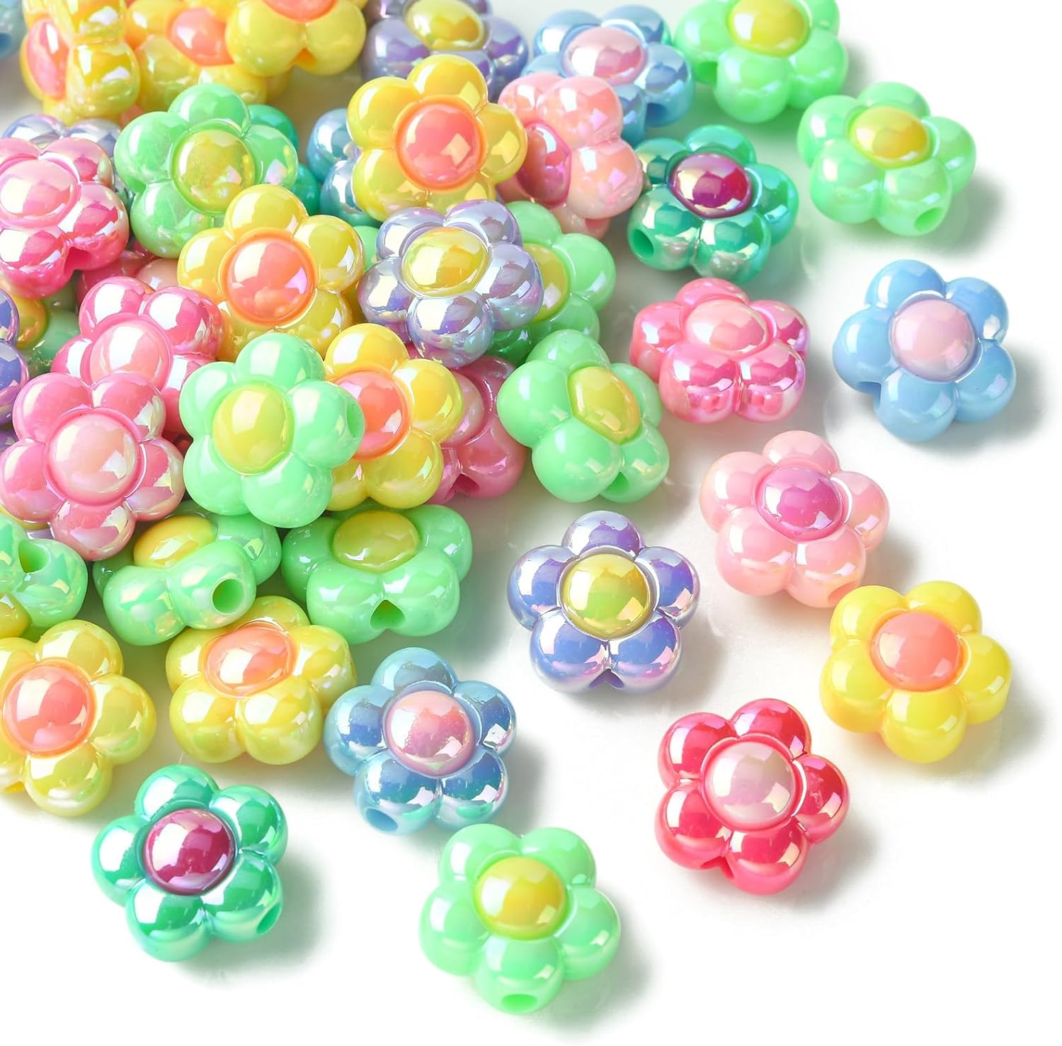 50個 16mm ランダムアクリルフラワービーズ ABメッキ カラフルなフローラルビーズ 5枚の花びら 虹色 フラワービーズ ジュエ