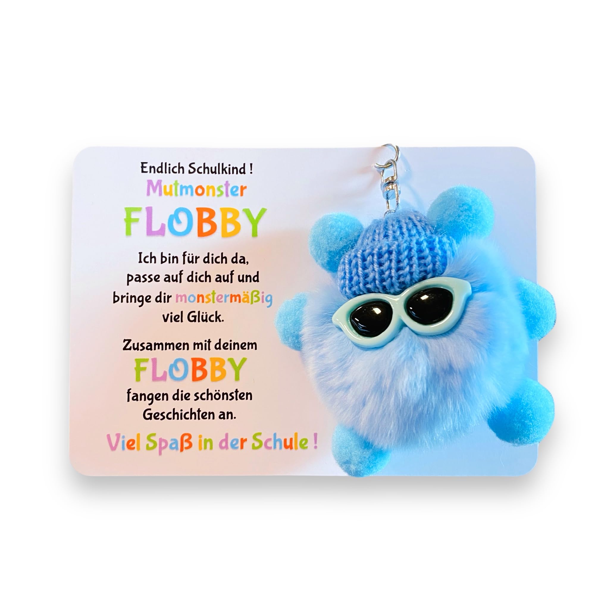 Endlich Schulkind! Mut-Monster FLOBBY, Geschenk Einschulung, Glücksbringer, Mutmacher, Schultüte, Lernhelfer, Anhänger Mäppchen oder Ranzen (Blau)